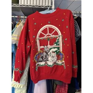 Vintage Hearts Snowy Dogs Sitting In A Window Red Crewneck Sweater Medium